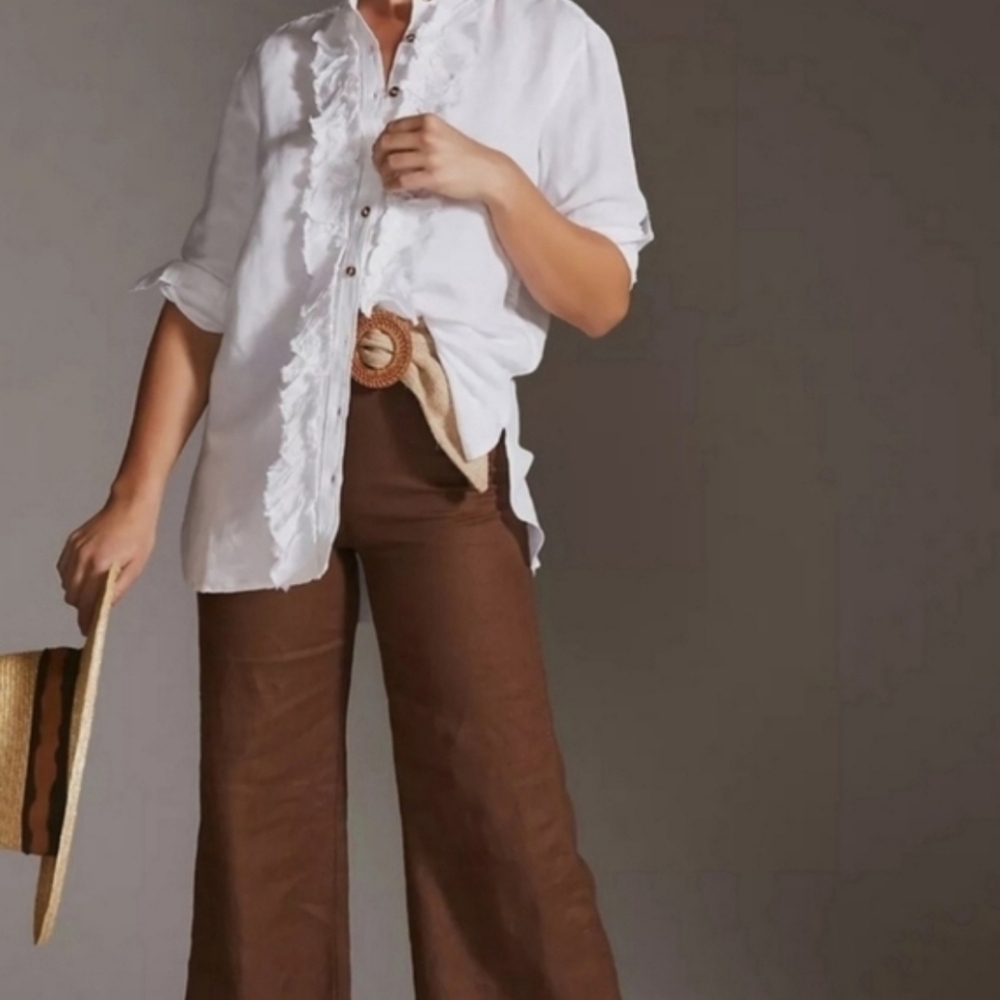 Anthropologie Pilcro Ruffled Placket Shirt Off-White Size Large - Picture 3 of 10